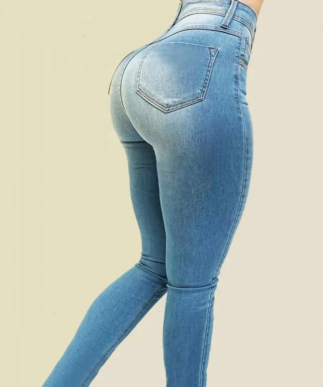 Damen-Jeans in reiner Farbe, Denim-Jeans mit hoher Taille, Straßenspiel, kultivieren die eigene Moral, formende Figur mit Jeans mit hoher Taille